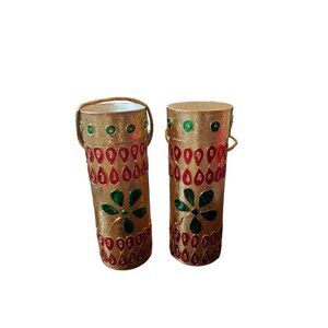 Christmas Handcrafted Decorative Gold Cylindrical Storage Containers Red Green